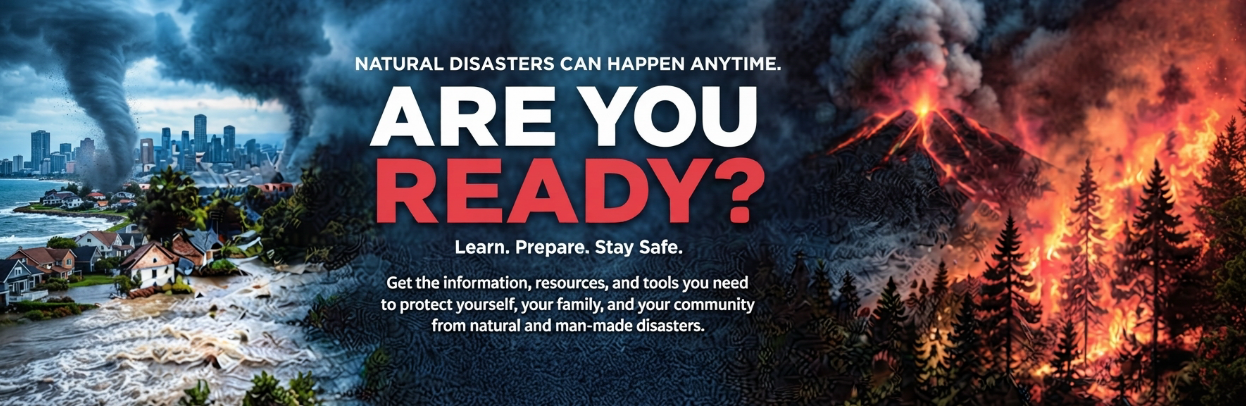 Natural disasters can happen anytime. Are you ready? Learn. Prepare. Stay safe. Get the information, resources, and tools you need to protect yourself, your family, and your community from natural and man-made disasters. A tornado and flood hit a coastal town on the left, and a volcano erupts over a burning forest on the right.