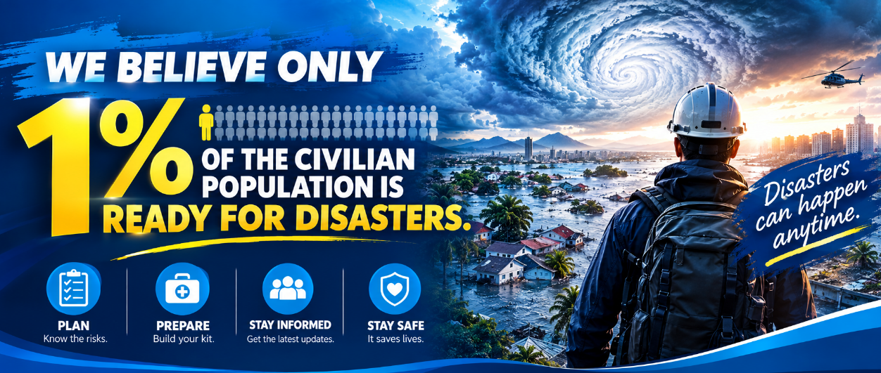 We believe only 1% of the civilian population is ready for disasters. Plan: know the risks. Prepare: build your kit. Stay informed: get the latest updates. Stay safe: it saves lives. A rescue worker in a helmet and backpack looks out over a flooded city beneath a hurricane. Disasters can happen anytime.